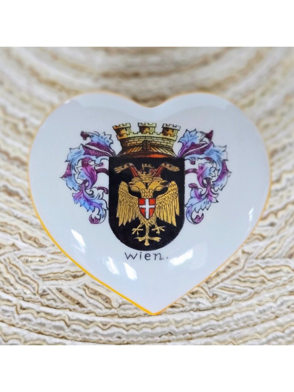 Geiersthal German Heart Shaped Porcelain Trinket Box, Vienna Castle Shield & Flo